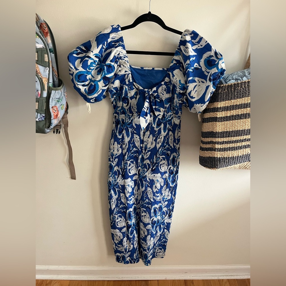 NWT Cleobella Zora Puff Sleeve Midi Dress in Azure Print Blue Size S - Picture 7 of 11